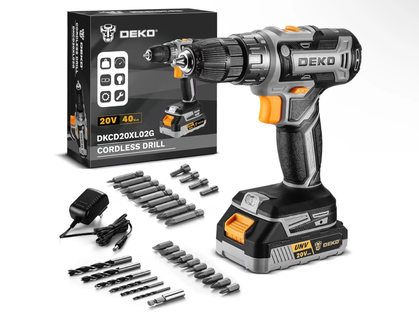 DEKO DKCD20XL02G Cordless Drill with Accessories