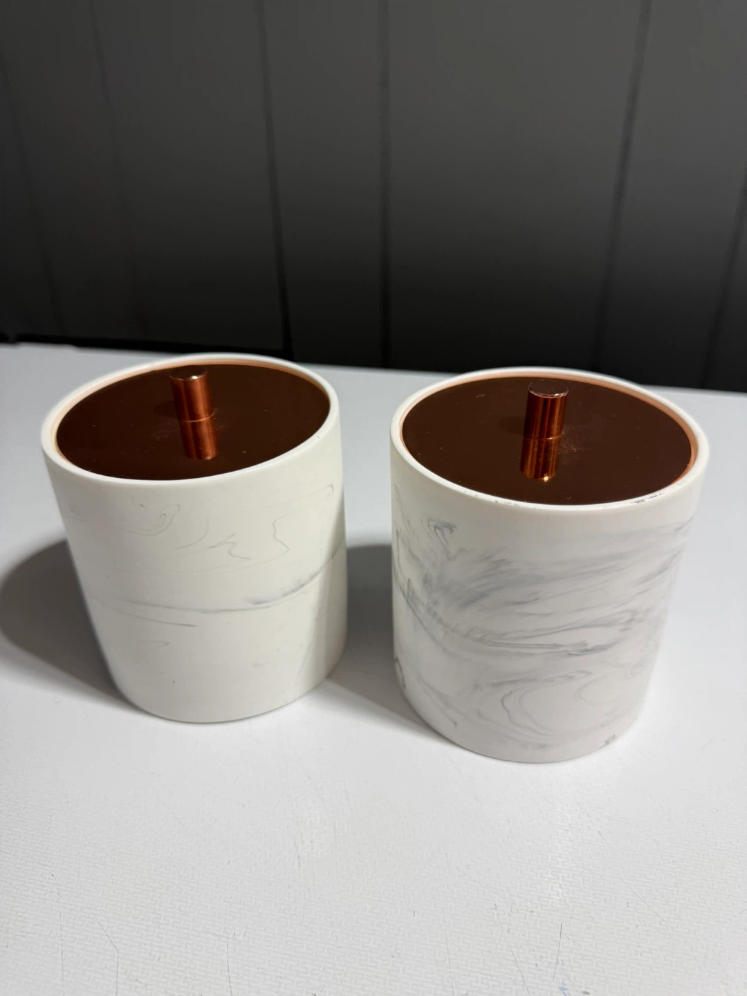 2 Marble Look Vanity Storage Jars With Rose Gold Lids