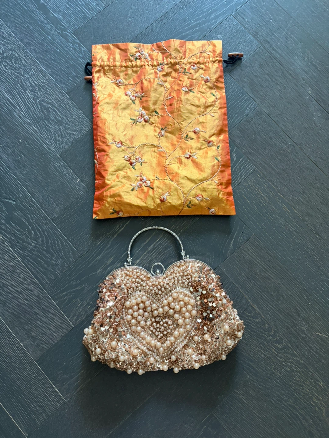 Beaded Heart Clutch Evening Bag with Drawstring Pouch