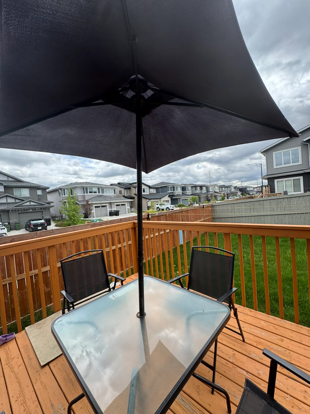 Glass Top Patio Table with 4 Chairs and Umbrella