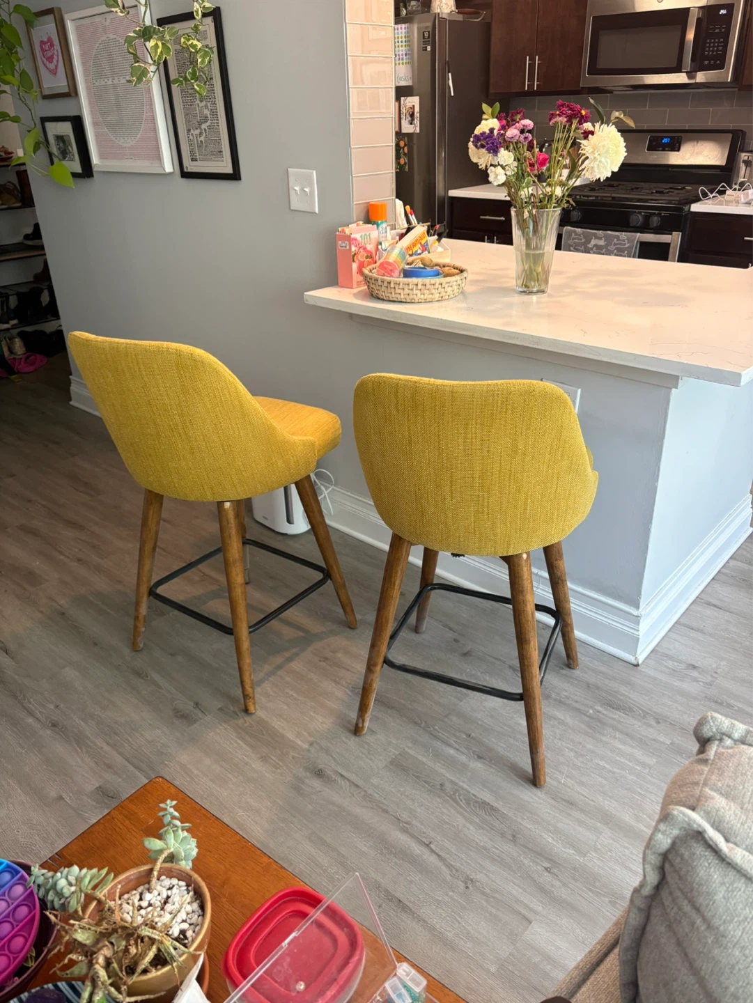 West Elm Yellow Upholstered Bar Stools (Set of 2)