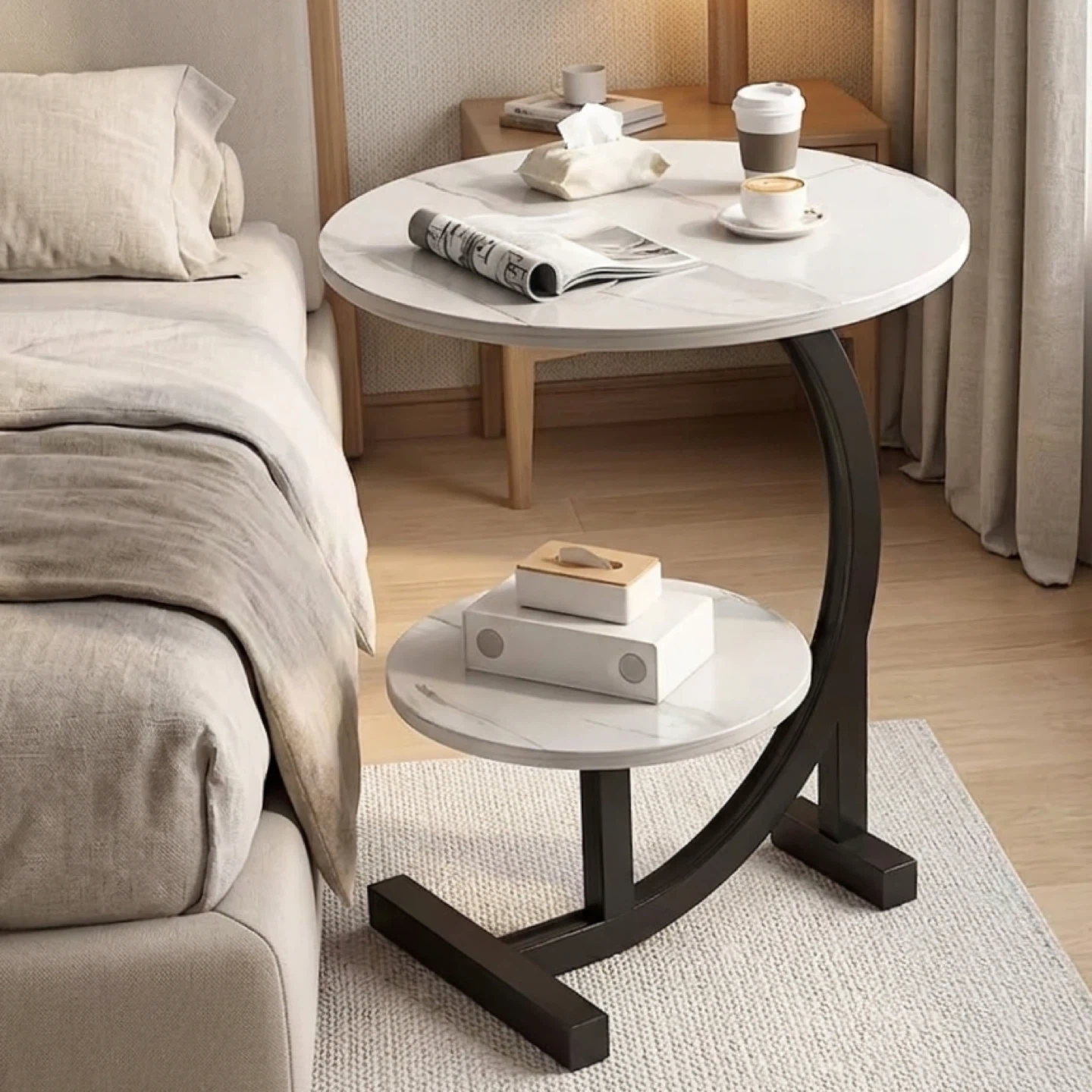 Modern 2-Tier C-Shaped Side Table (White Marble Look) - photo 2