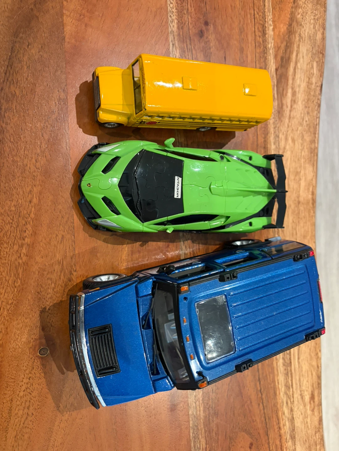 Toy Cars - Yellow School Bus, Green Sports Car, Blue SUV