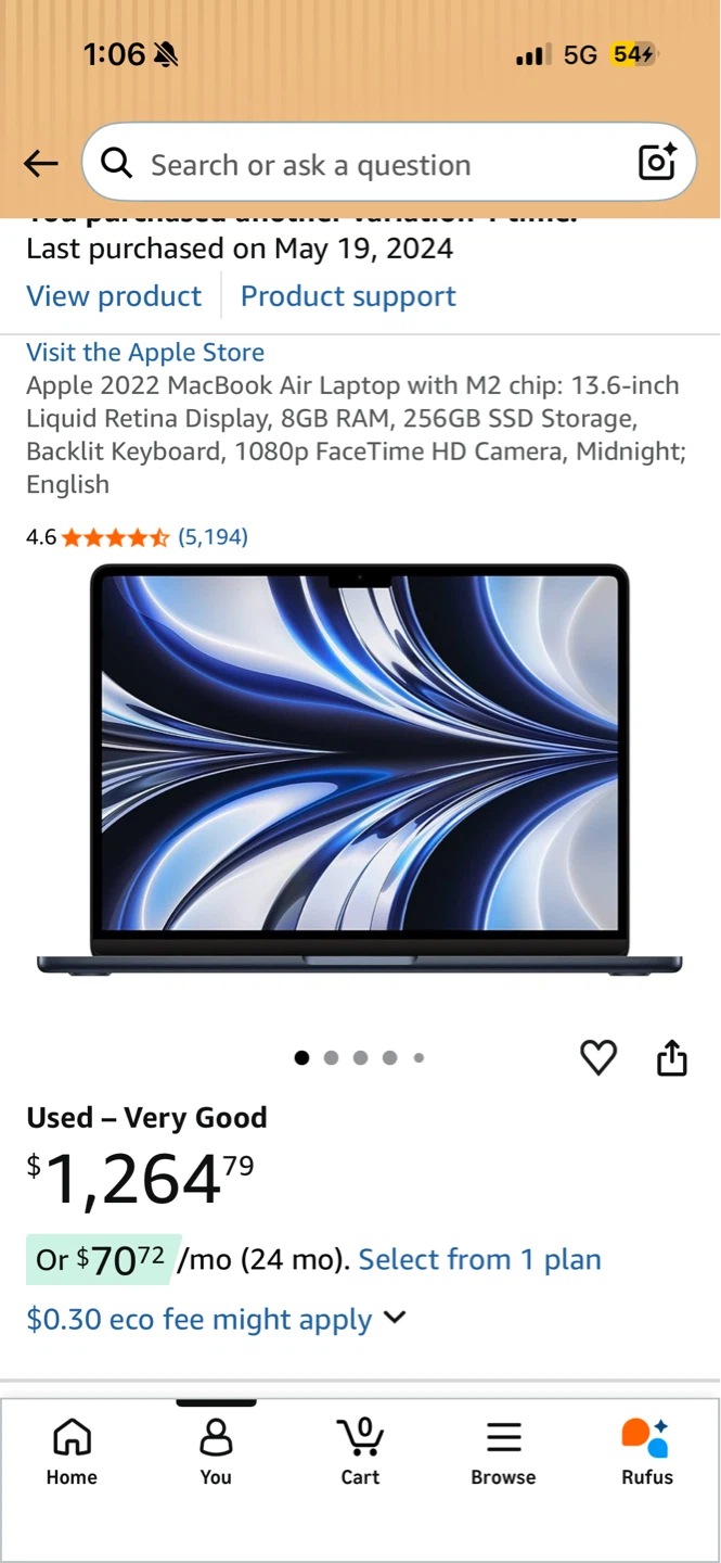 Apple 2022 MacBook Air Laptop M2 13.6-inch Midnight