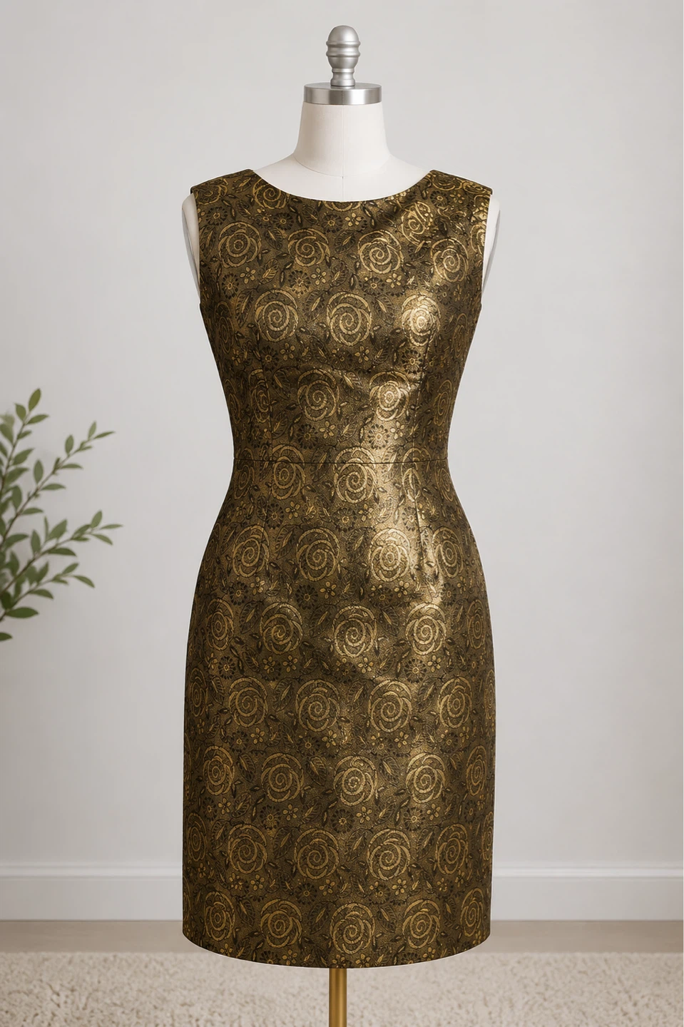 Gold Brocade Rose Print Sleeveless Sheath Dress