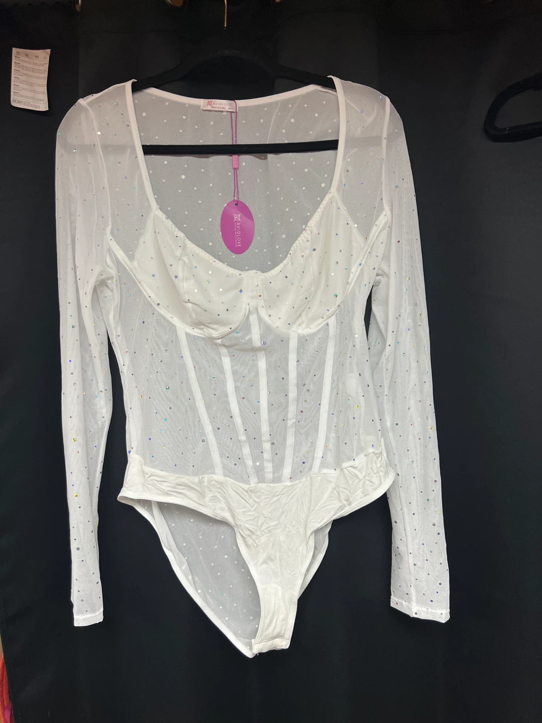 White Mesh Bodysuit with Rhinestones