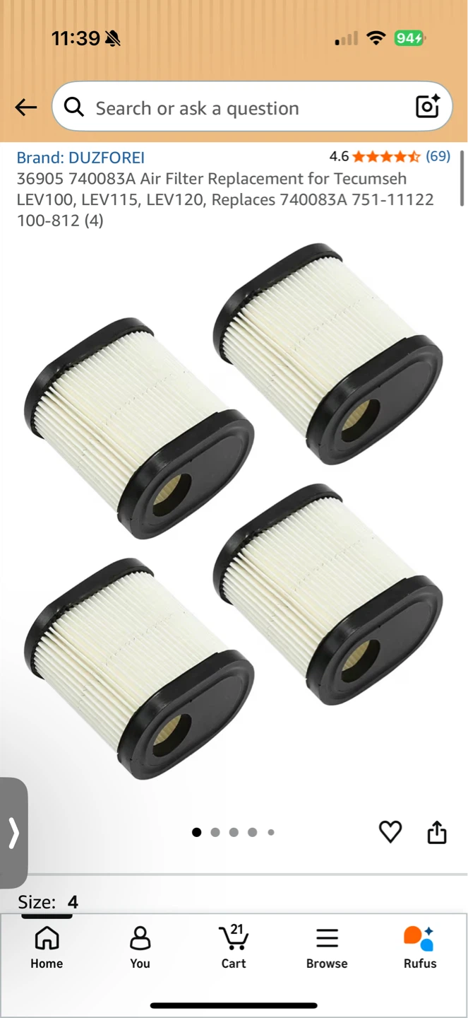 Air Filter Replacement Tecumseh LEV100, LEV115, LEV120 (4-Pack) - photo 3