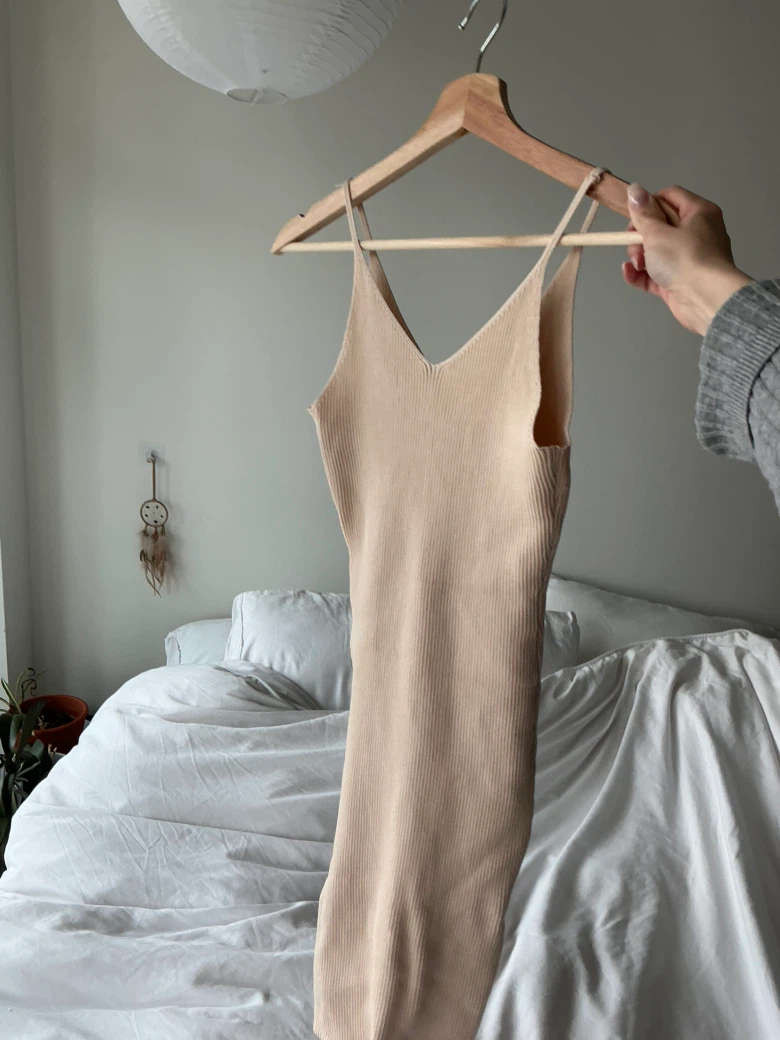 Ribbed Midi Bodycon Dress - Beige