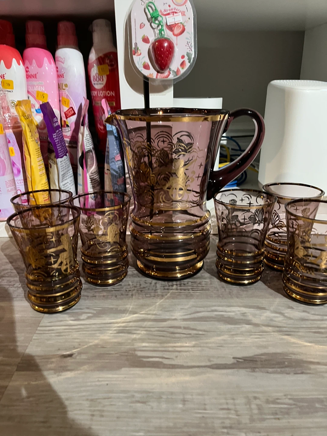Vintage Purple Glass Pitcher and Glasses Set