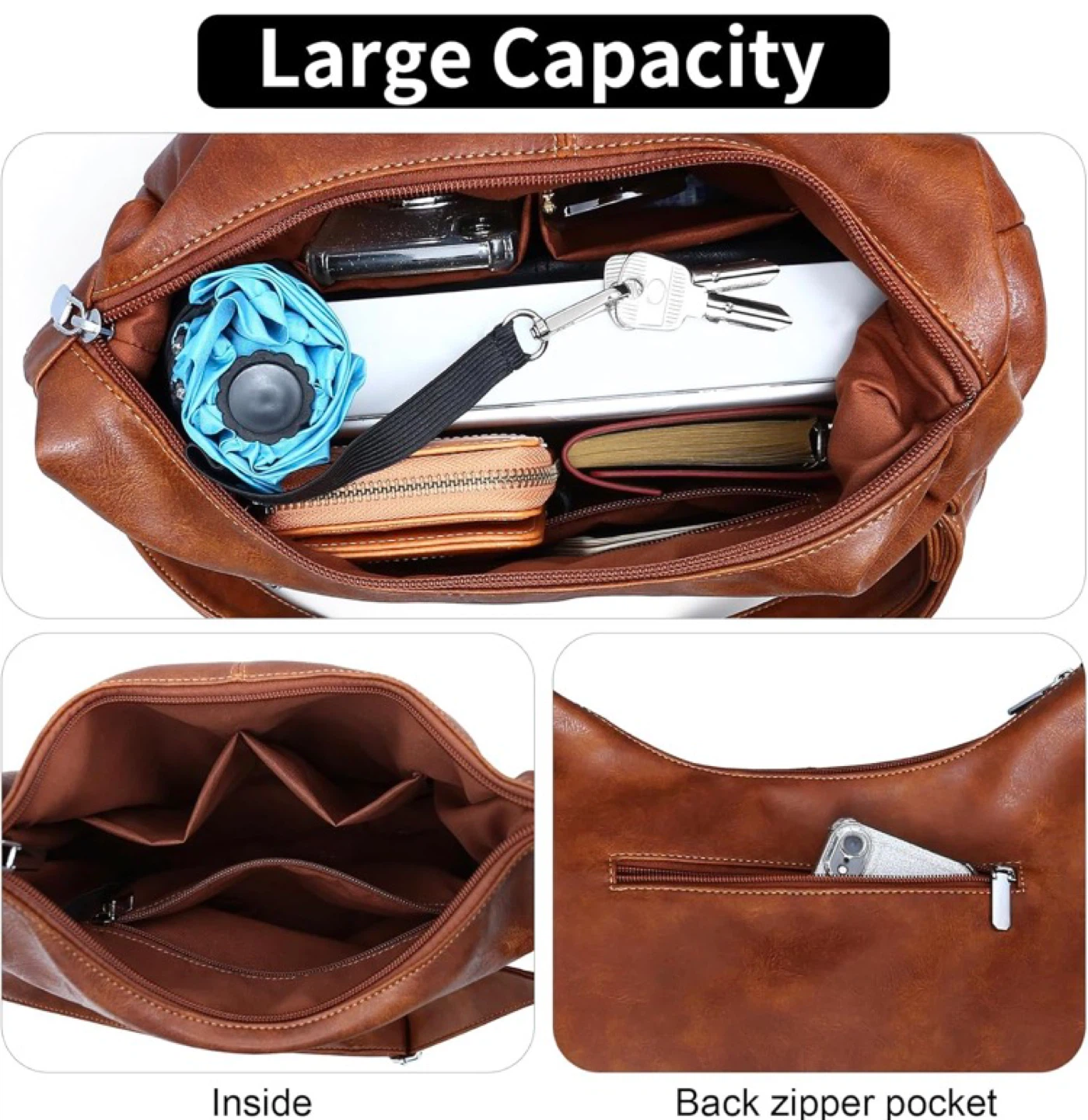 Brown Leather Hobo Shoulder Bag - Large Capacity - photo 4