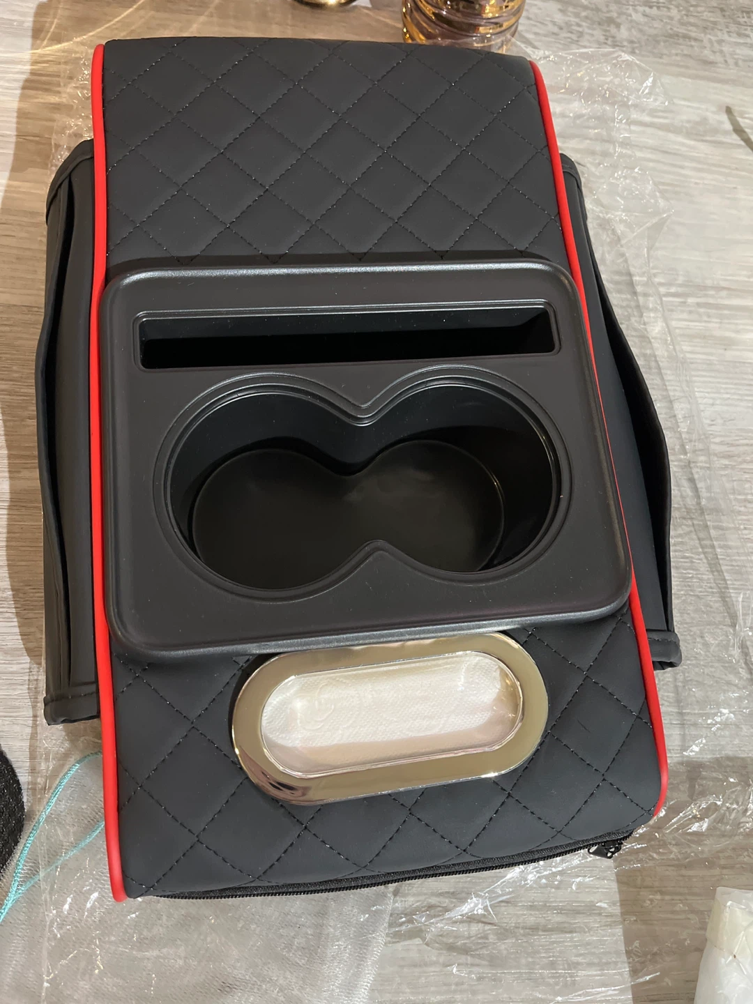 Black Quilted Car Seat Organizer with Cup Holders