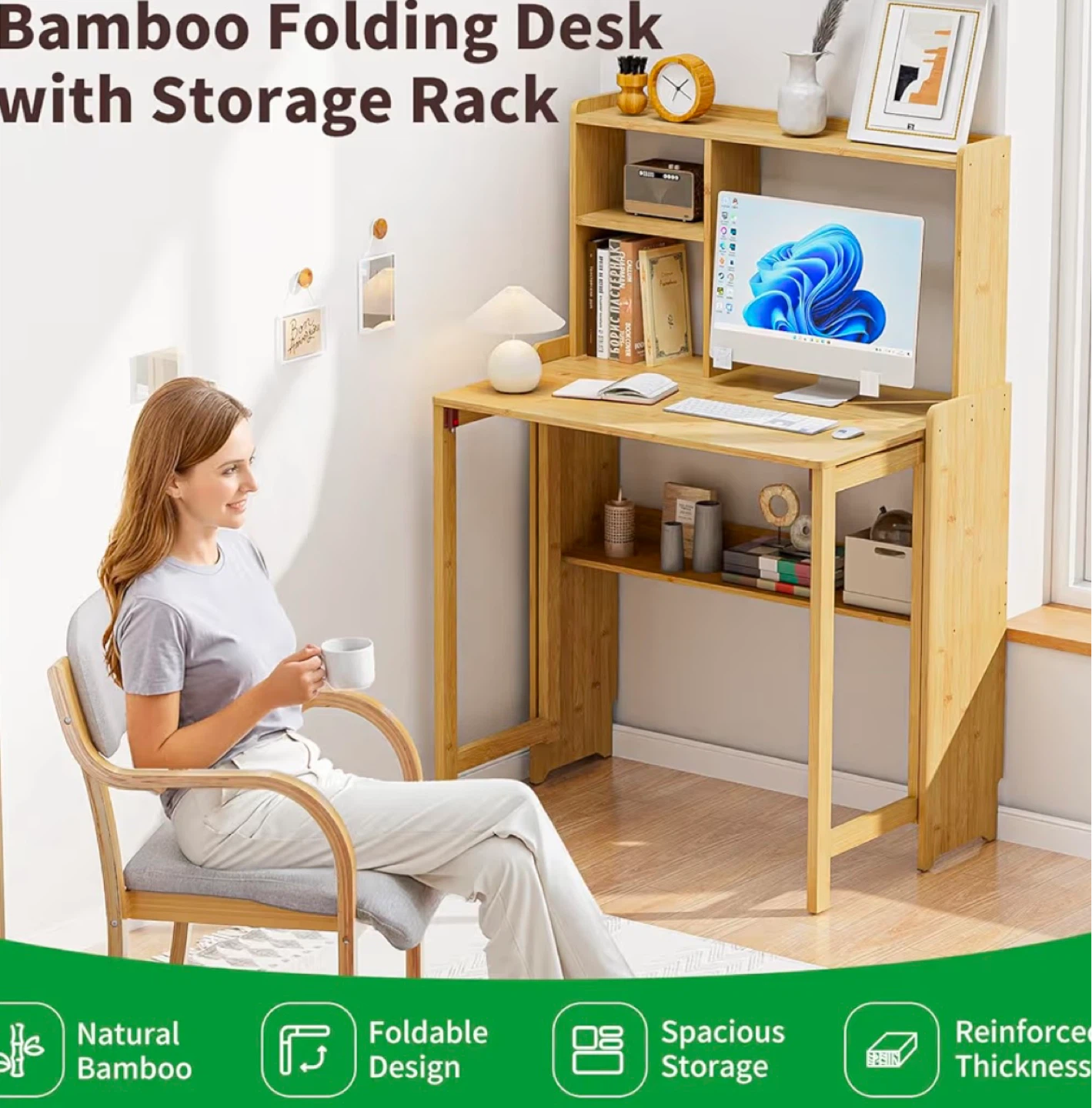 Bamboo Folding Desk with Storage Rack - photo 3