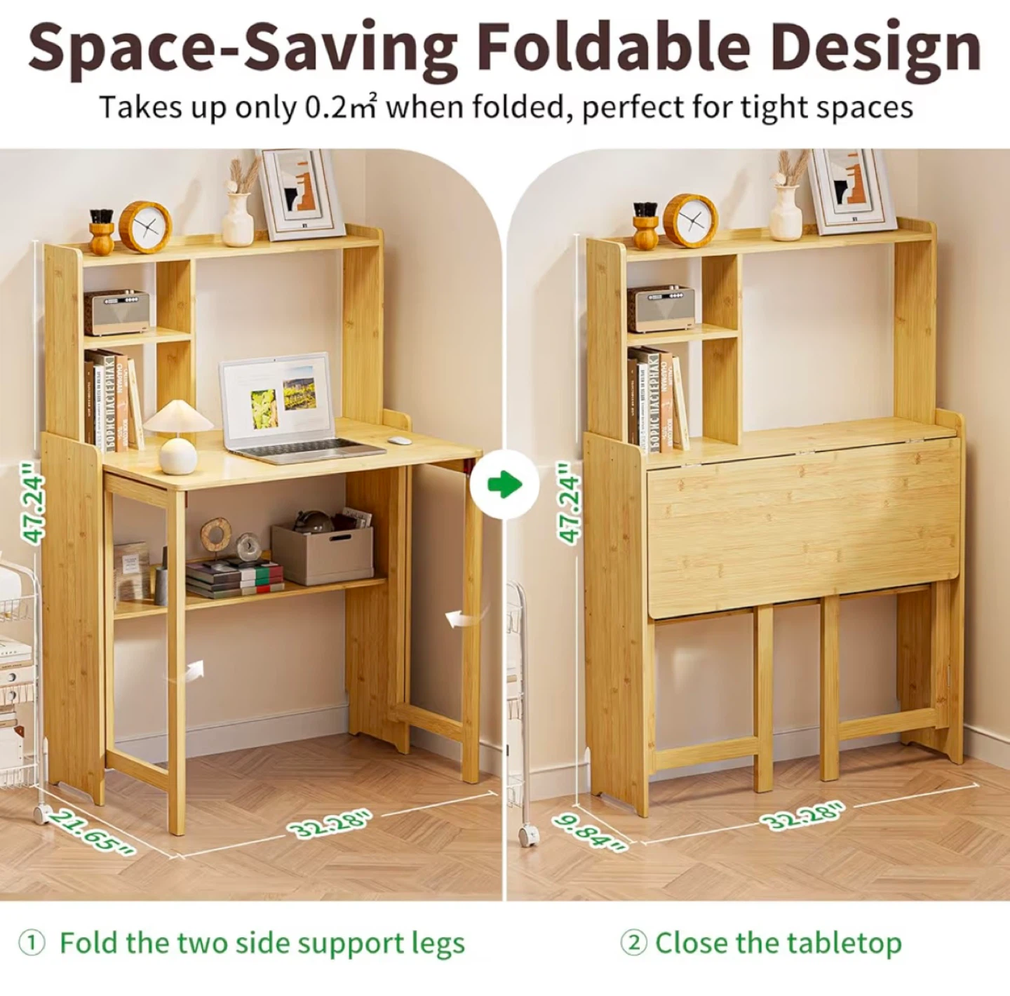 Bamboo Folding Desk with Storage Rack