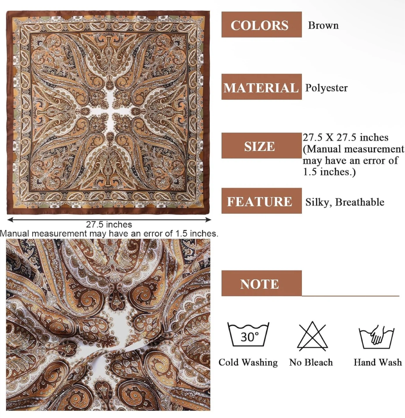 Satin Silk Effect Hair Scarf for Women (Brown) - photo 3