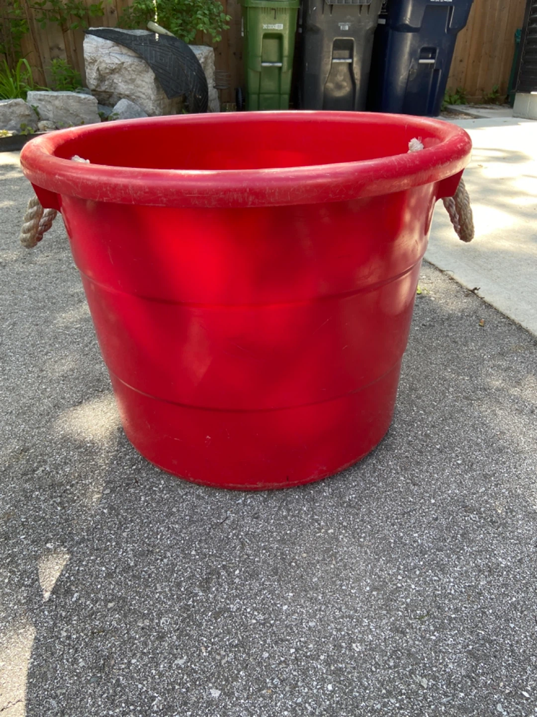 3 bins.  1 large 2small Red Plastic Tub with Rope Handles