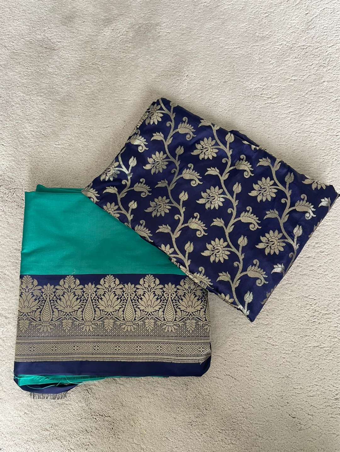 Teal and Navy Blue Brocade Indian Fabric Suit Set