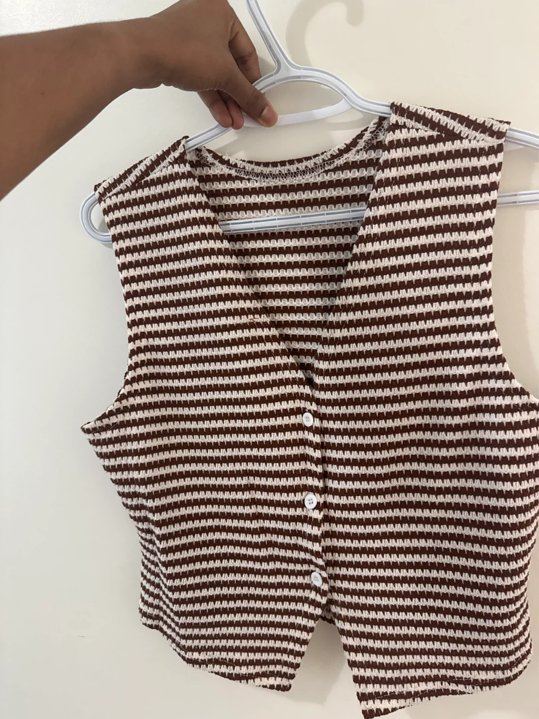 Brown and White Striped Button-Up Vest