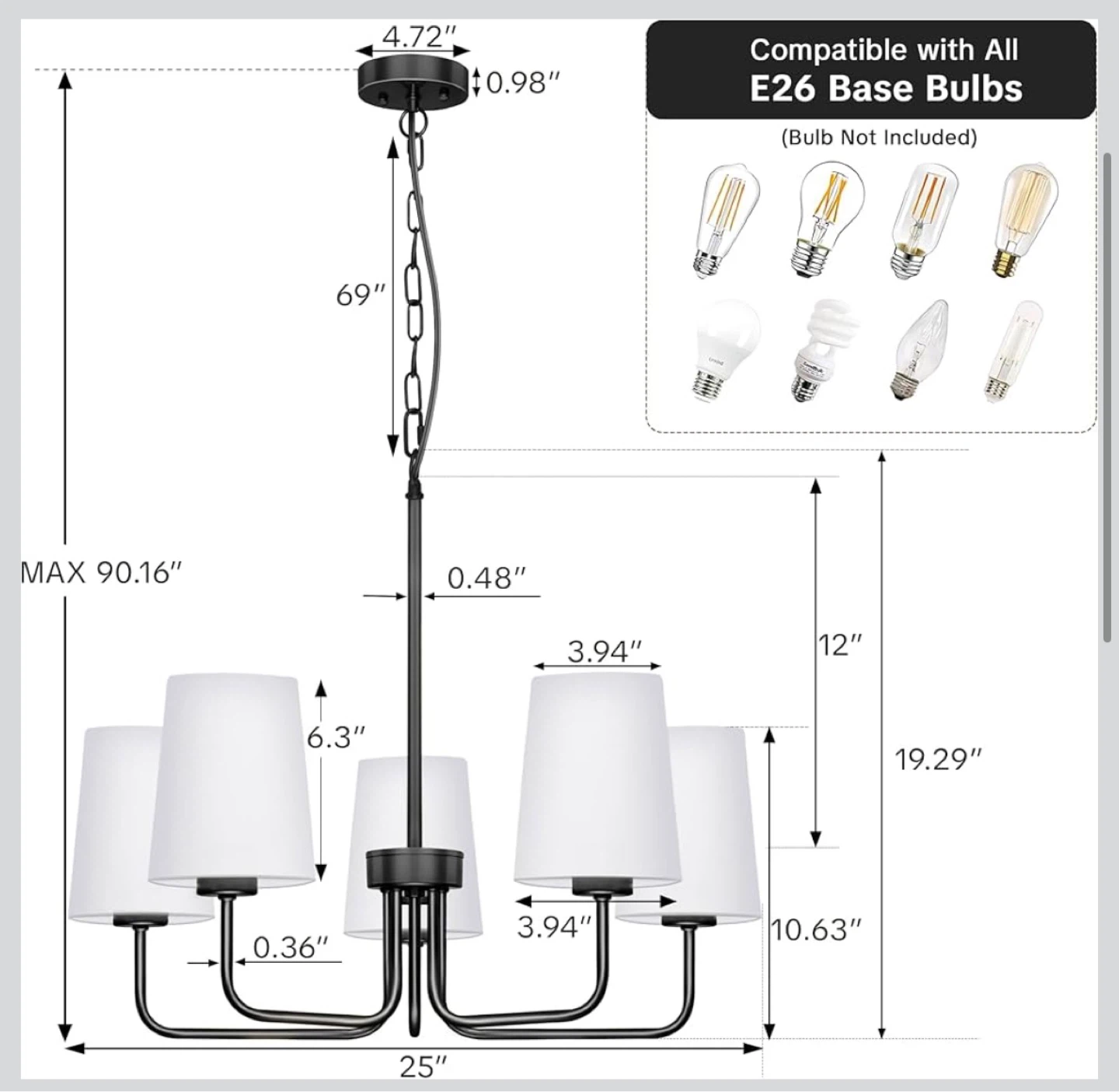 5-Light Chandelier with White Fabric Lampshades - photo 3