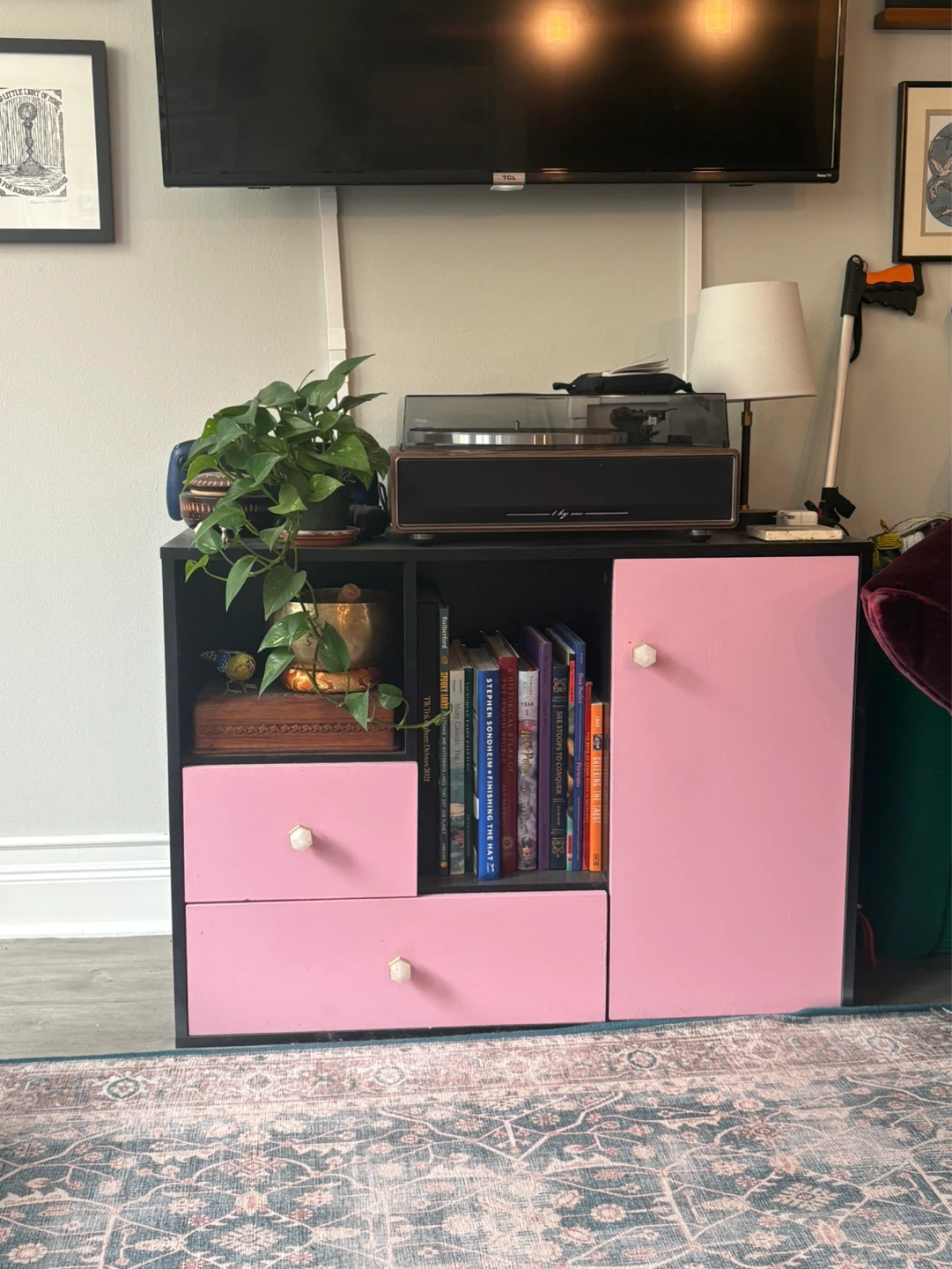 Pink and Black Storage Cabinet with Drawers and Door - photo 5