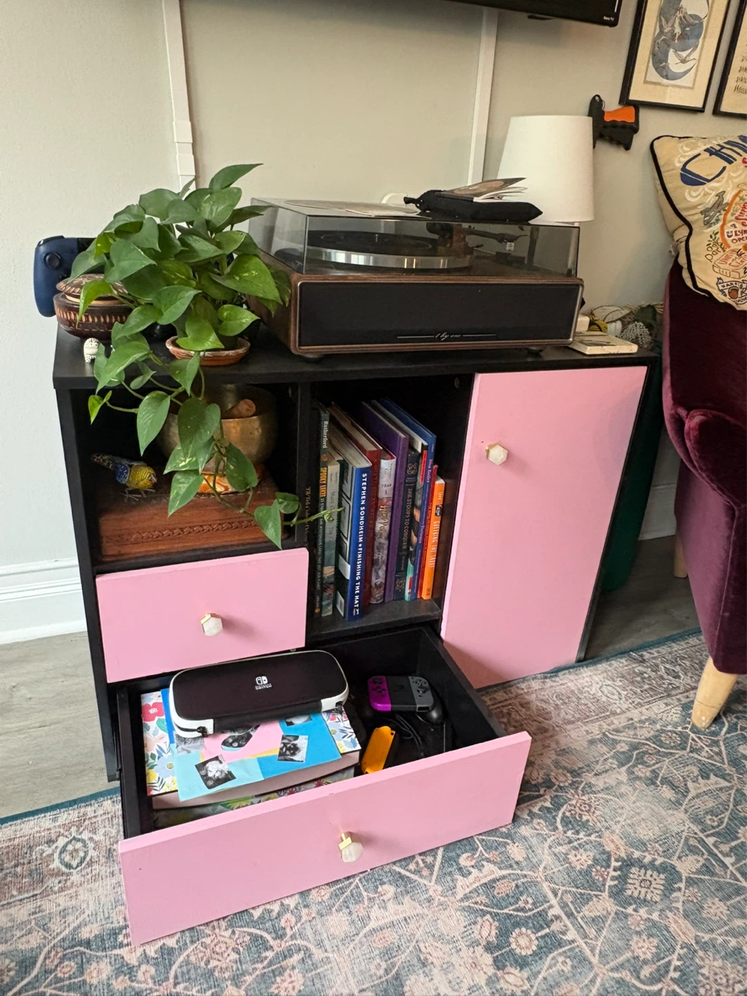 Pink and Black Storage Cabinet with Drawers and Door - photo 2
