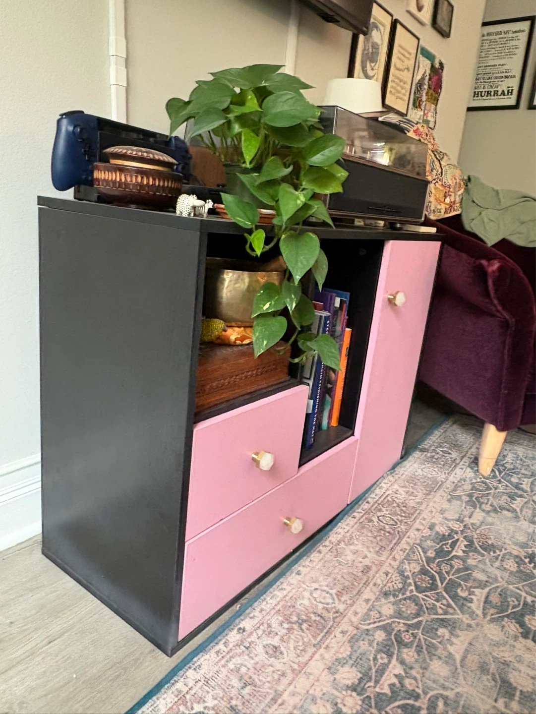 Pink and Black Storage Cabinet with Drawers and Door - photo 4