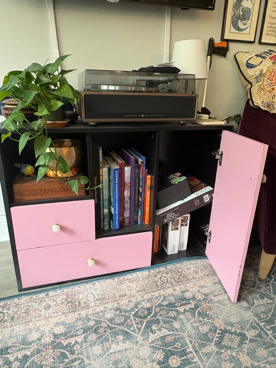 Pink and Black Storage Cabinet with Drawers and Door