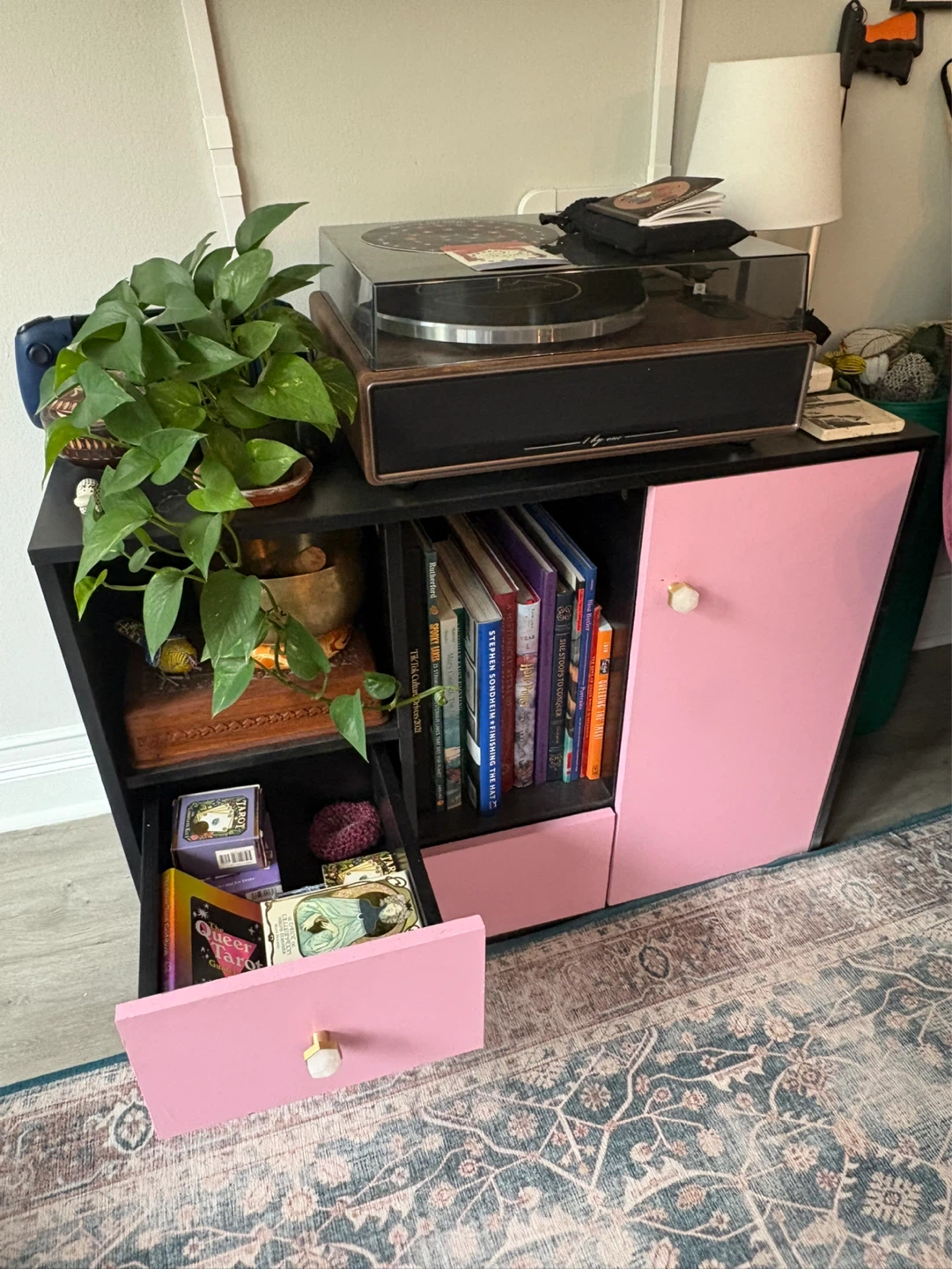 Pink and Black Storage Cabinet with Drawers and Door - photo 3
