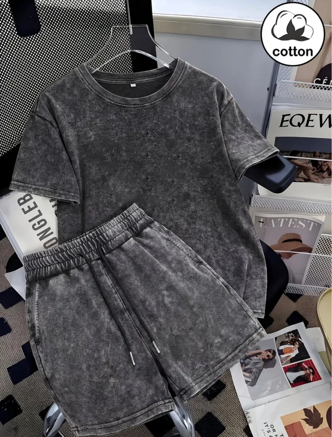 New Washed Black T-Shirt and Shorts Set