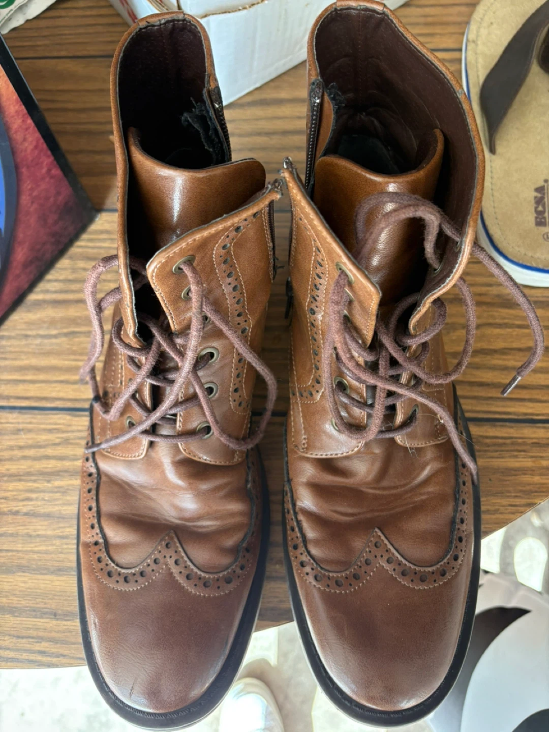 Brown Leather Lace-up Ankle Boots with Side Zipper