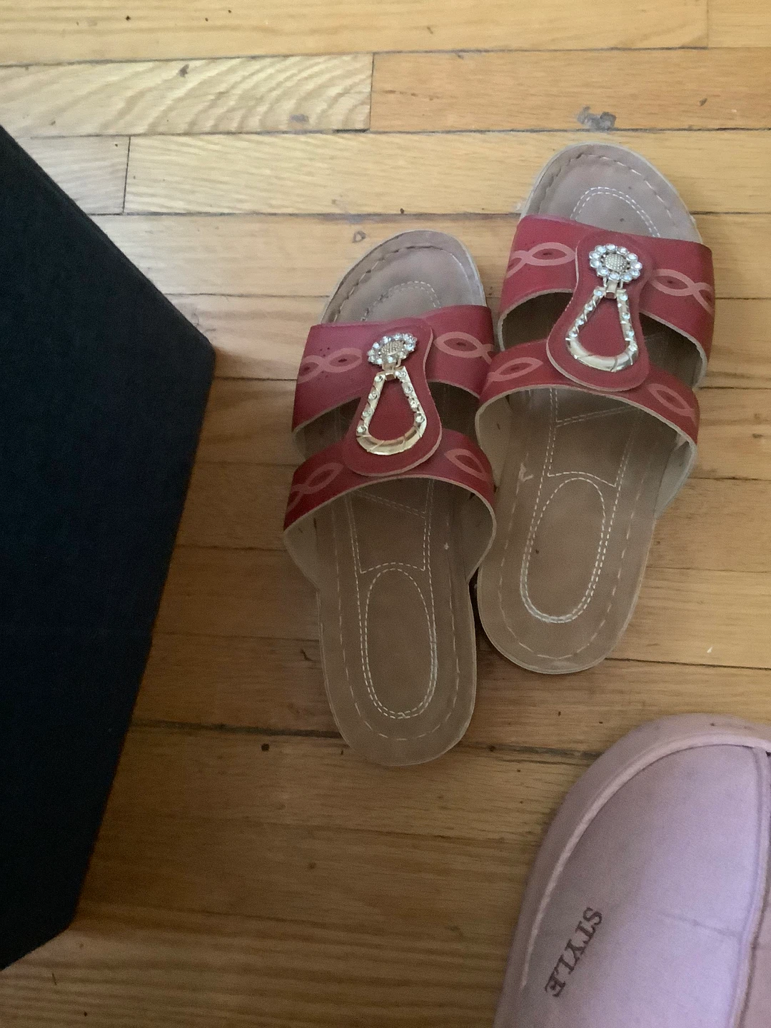 Red Slip-On Sandals with Embellishment