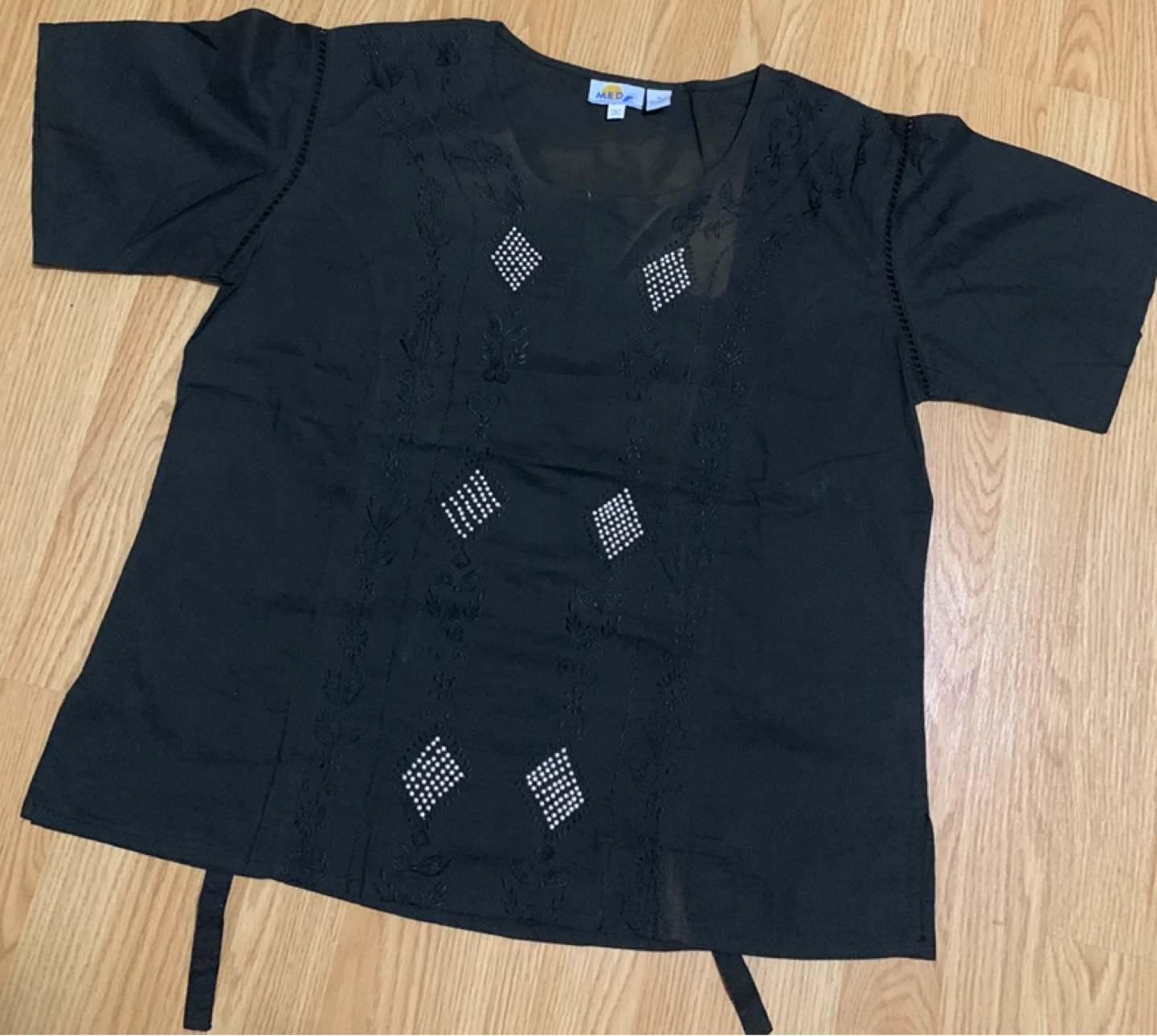MED Black Embroidered Cotton Blouse Size M