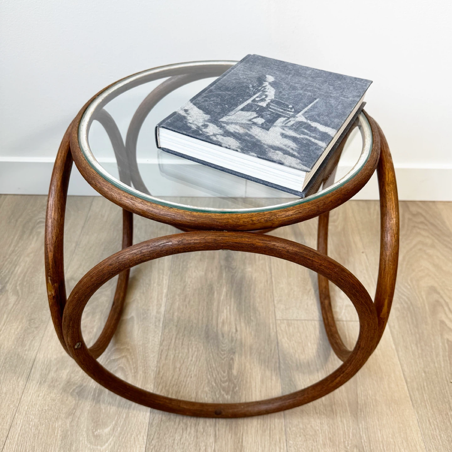 Vintage Thonet-style Bentwood side table- custom glass top
