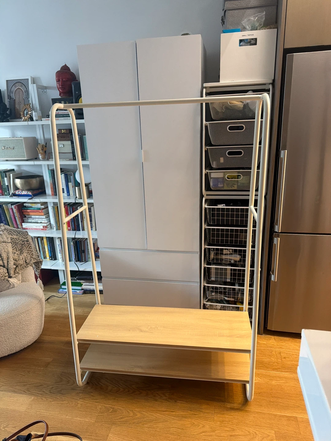 Beige Clothes Rack with Wood Shelves