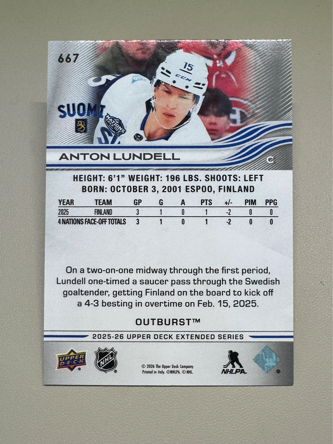 2025-26 Upper Deck Extended // Anton Lundell Finland Outburst - photo 2