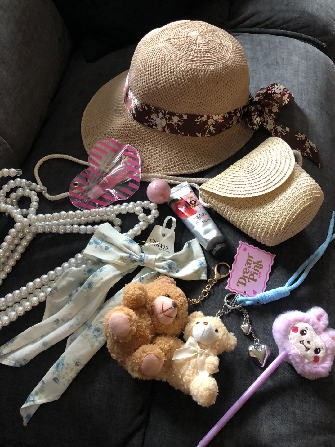 Girls Lot: Straw Hat & Bag Set, Bear Charms, etc
