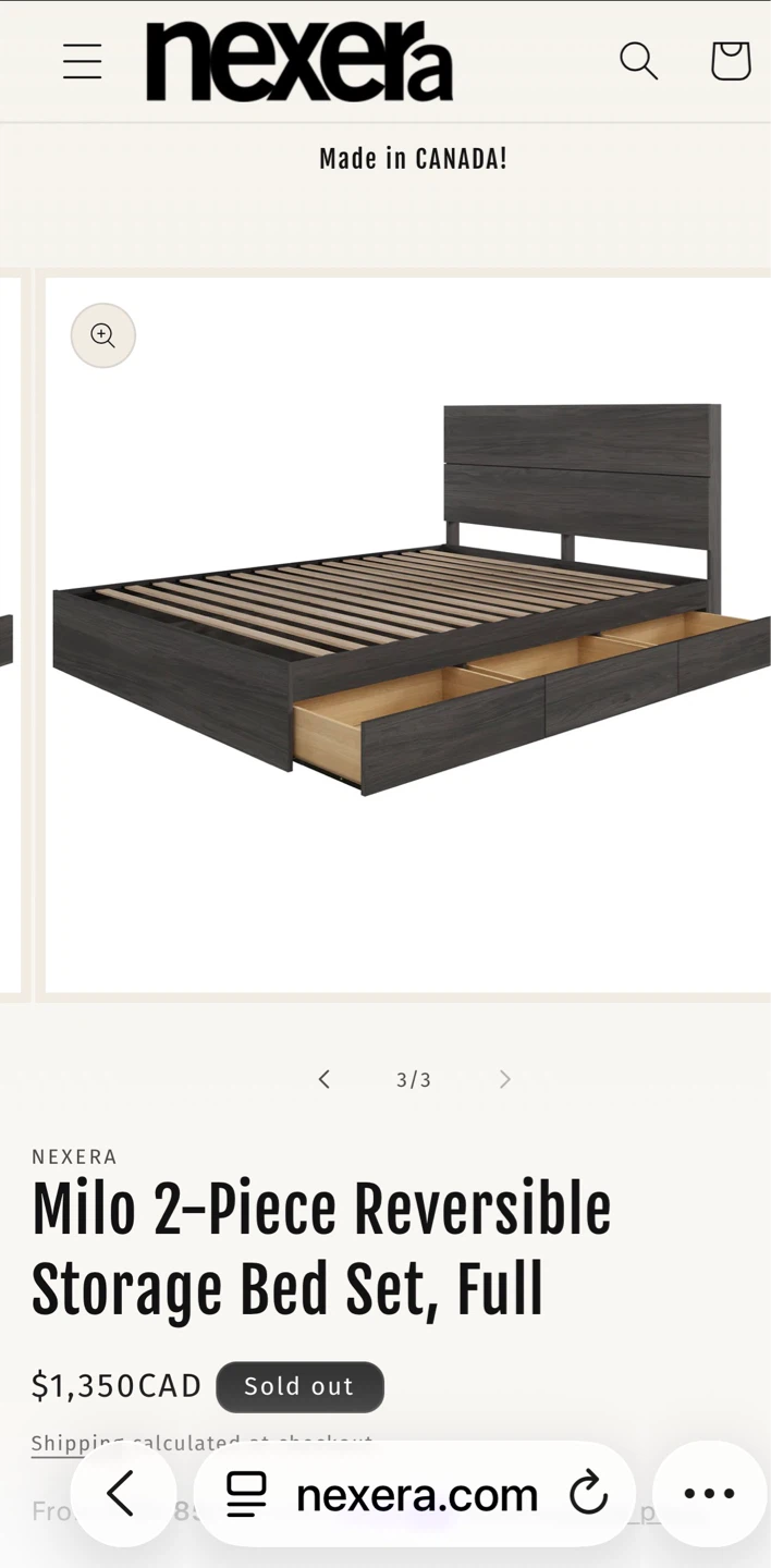 Full size bed with 3 drawers, headboard and frame.