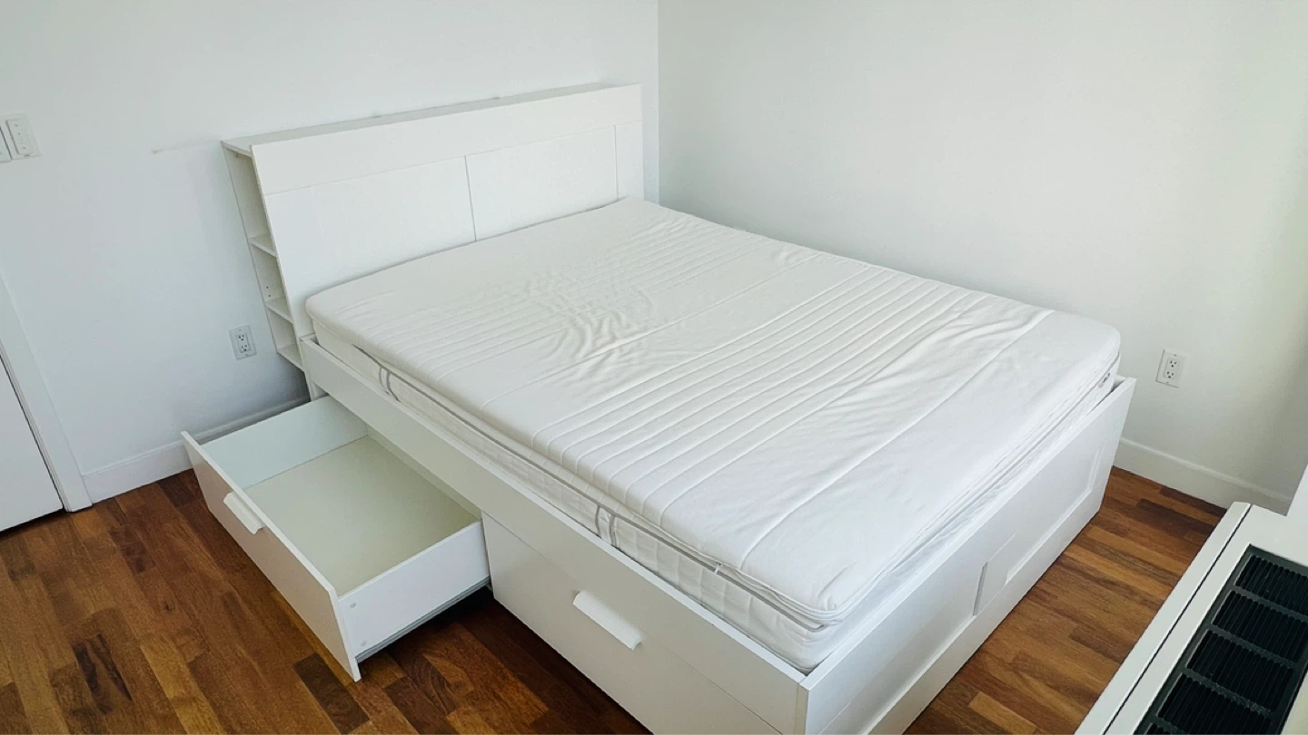 IKEA Queen Bed Frame with Headboard Shelves and drawers - photo 2