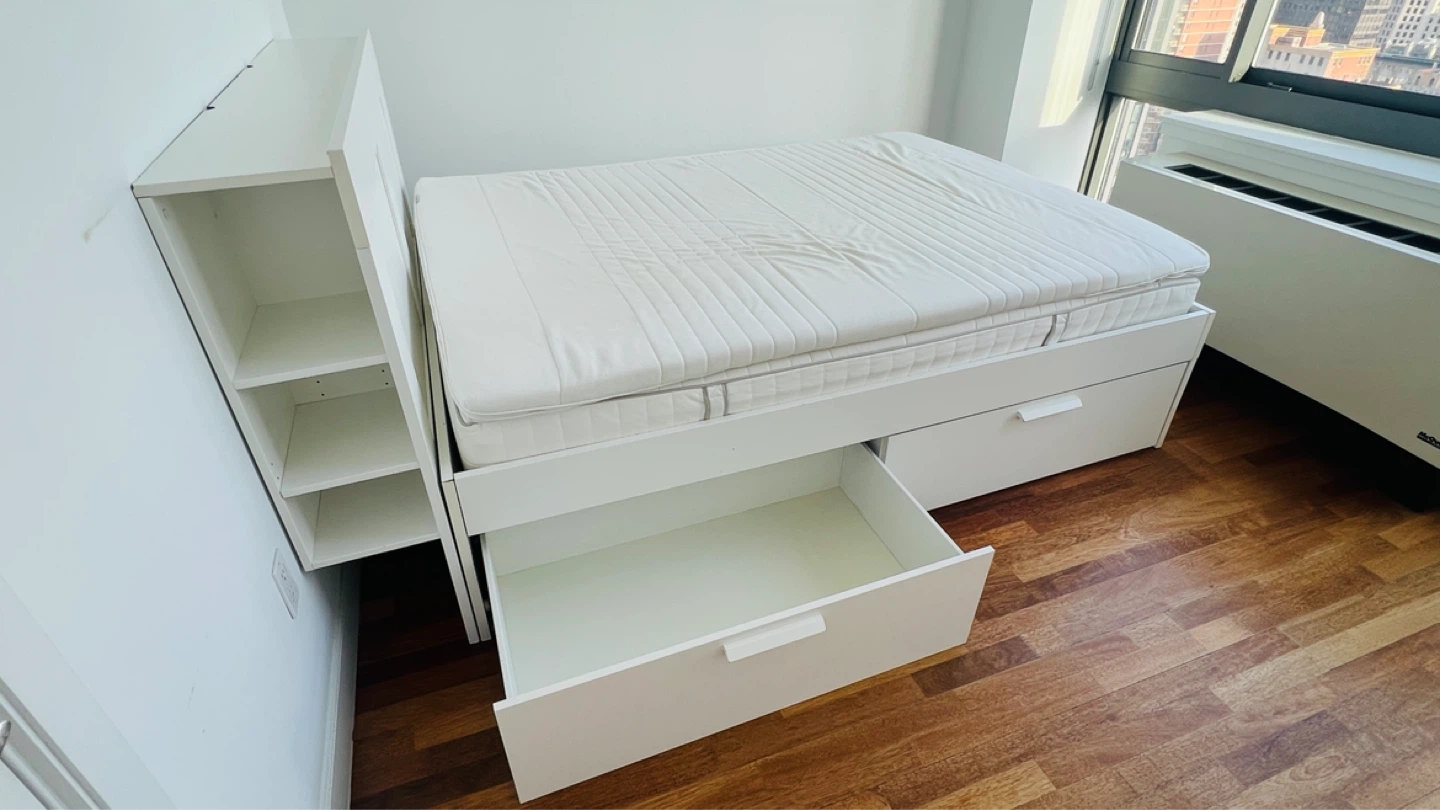 IKEA Queen Bed Frame with Headboard Shelves and drawers - photo 3
