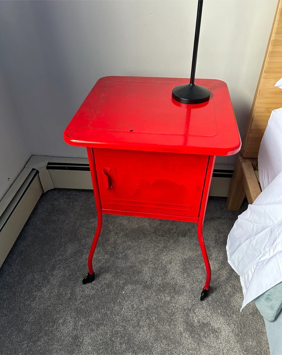 Red Metal Nightstand with Cabinet