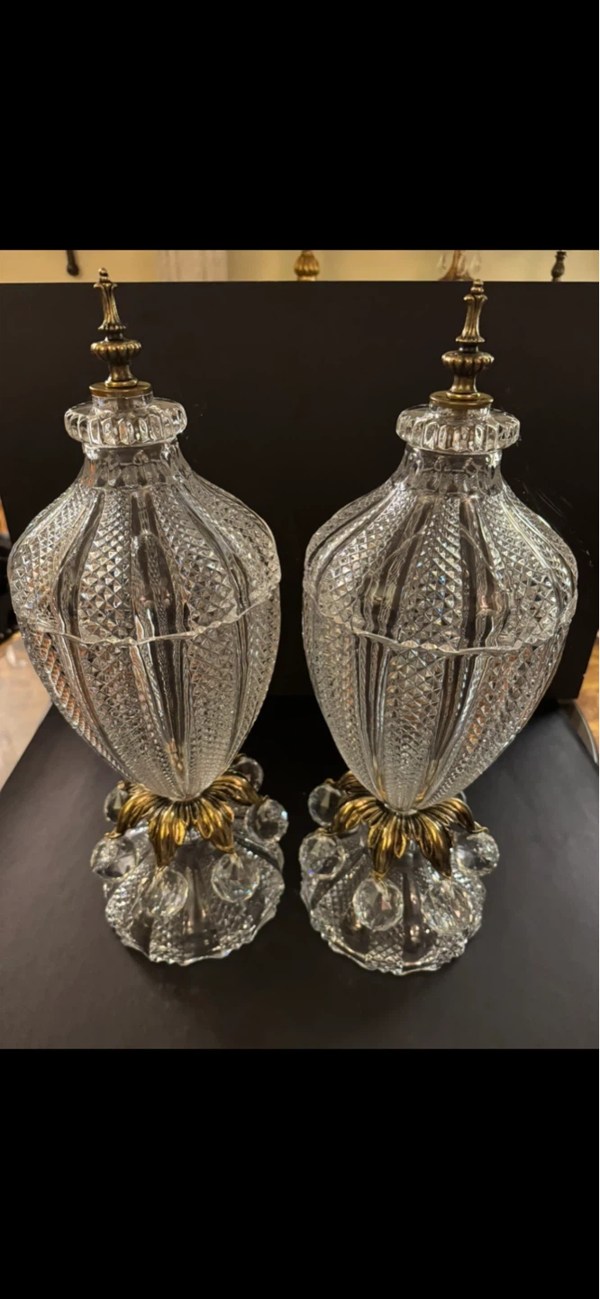 Antique Unique Pair of CrystalCandy Bowls with Brass Accents