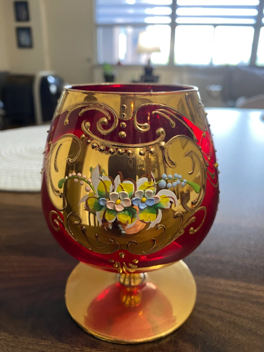 Decorative Red Glass Goblet with Gold Embellishments