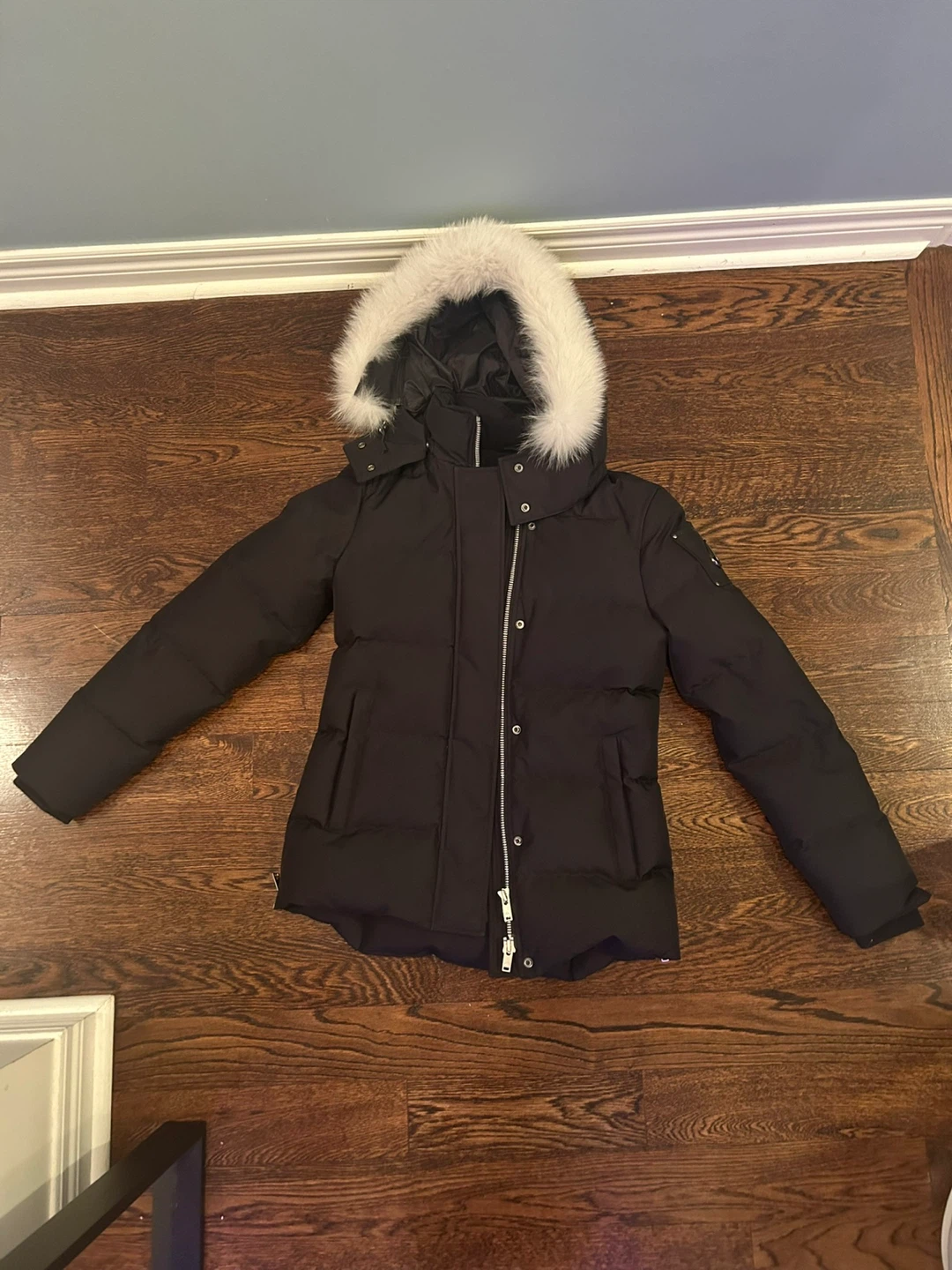 Moose Knuckles Black Down Parka Jacket with Fur Hood