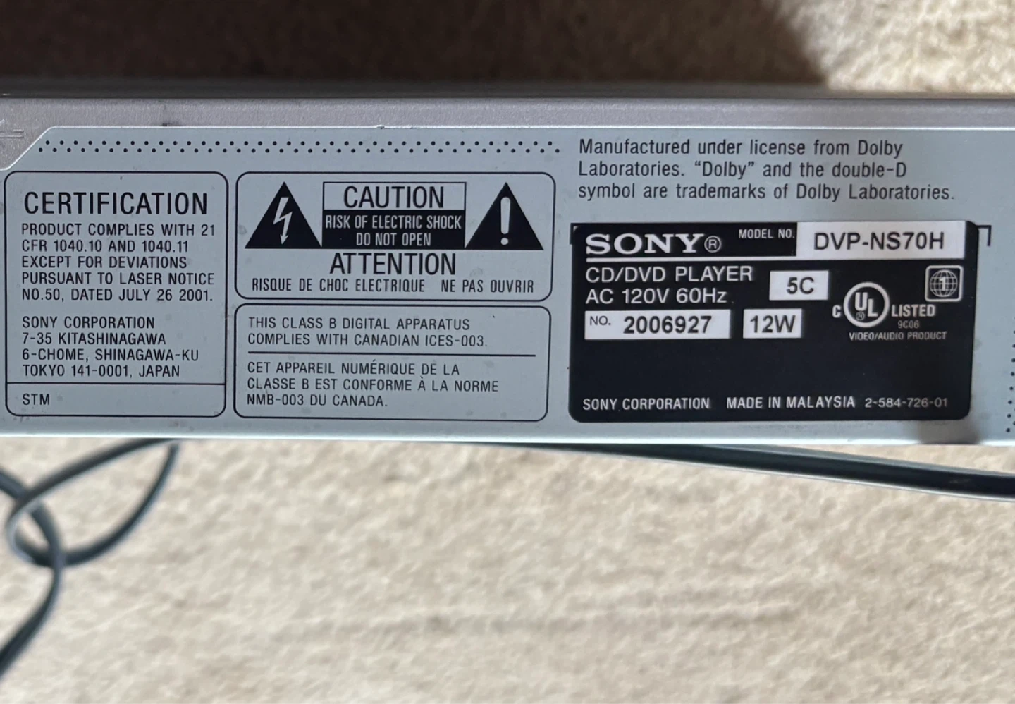 Sony CD/DVD Player (Model DVP-NS70H) - photo 5