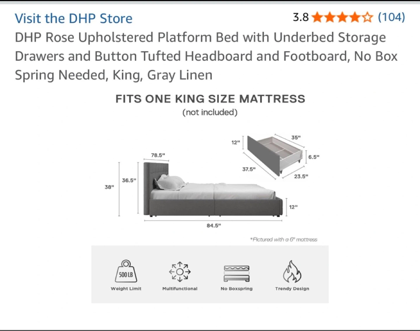 DHP Rose Upholstered Platform Bed - Gray Linen King - photo 5