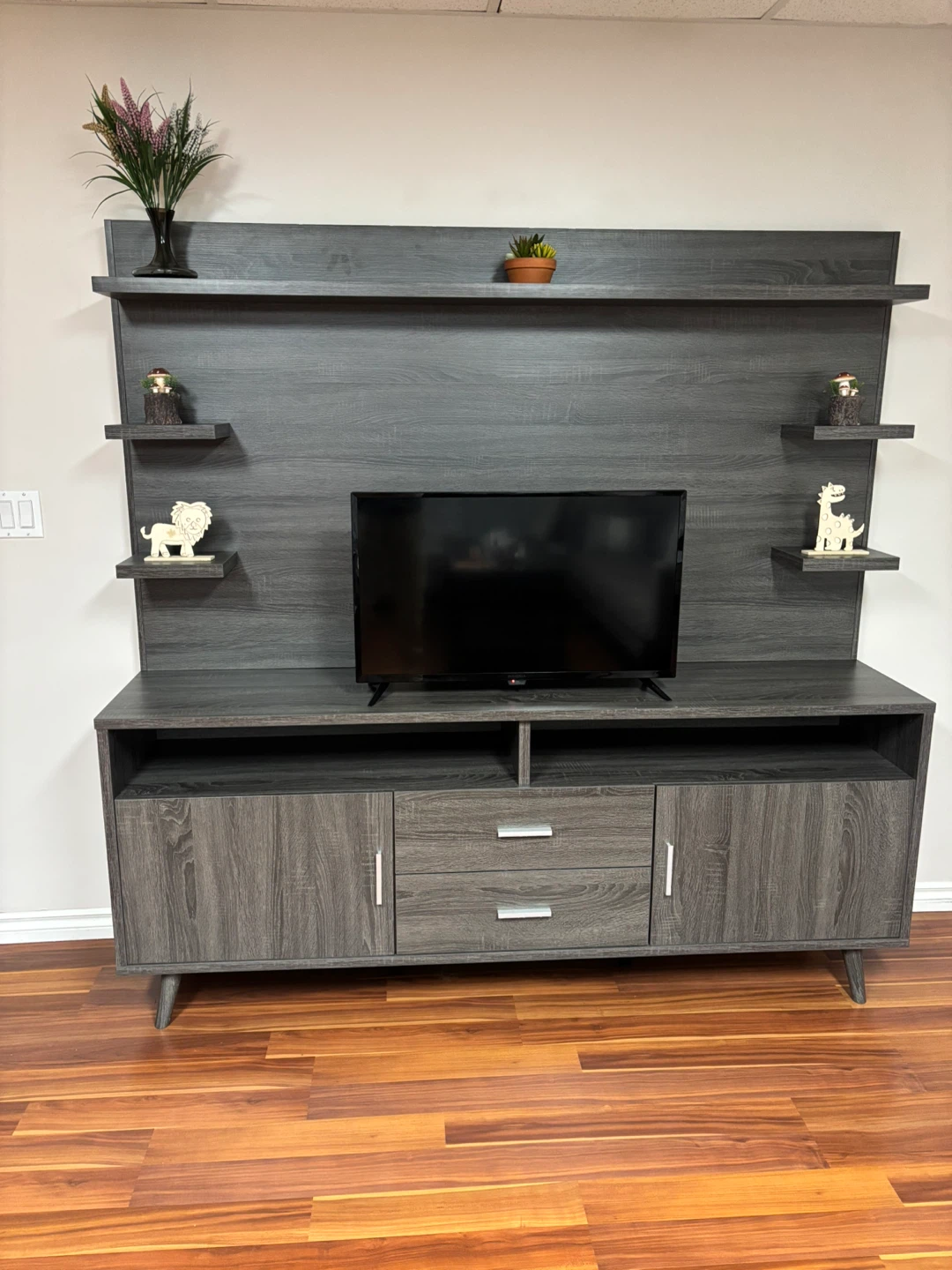 Grey Wood Entertainment Unit with Shelves