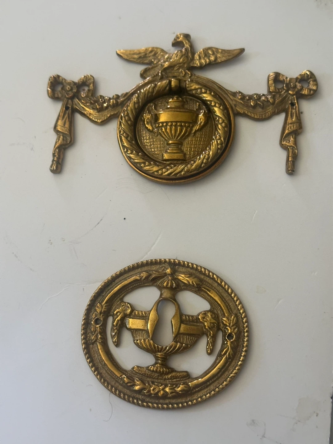 Vintage brass drawer pull , key hole cover