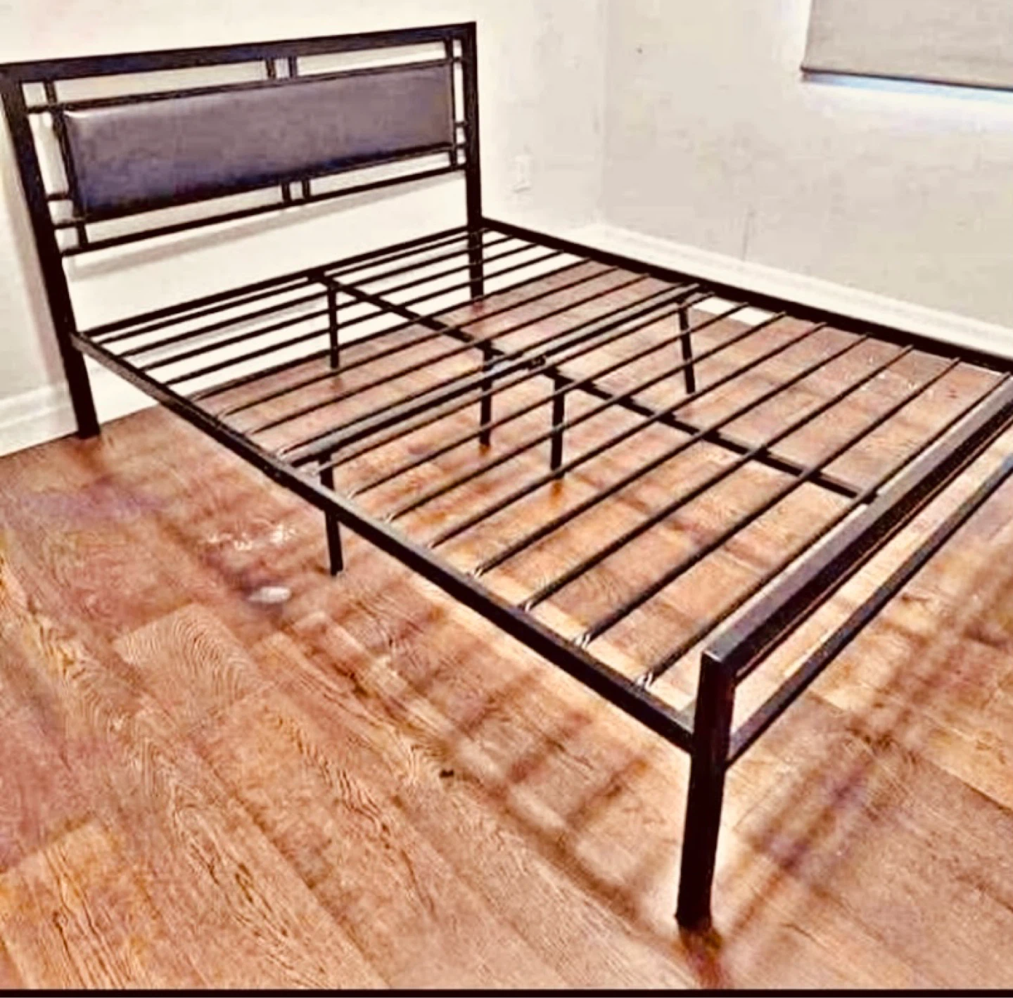 Black Metal Bed Frame with Padded Headboard