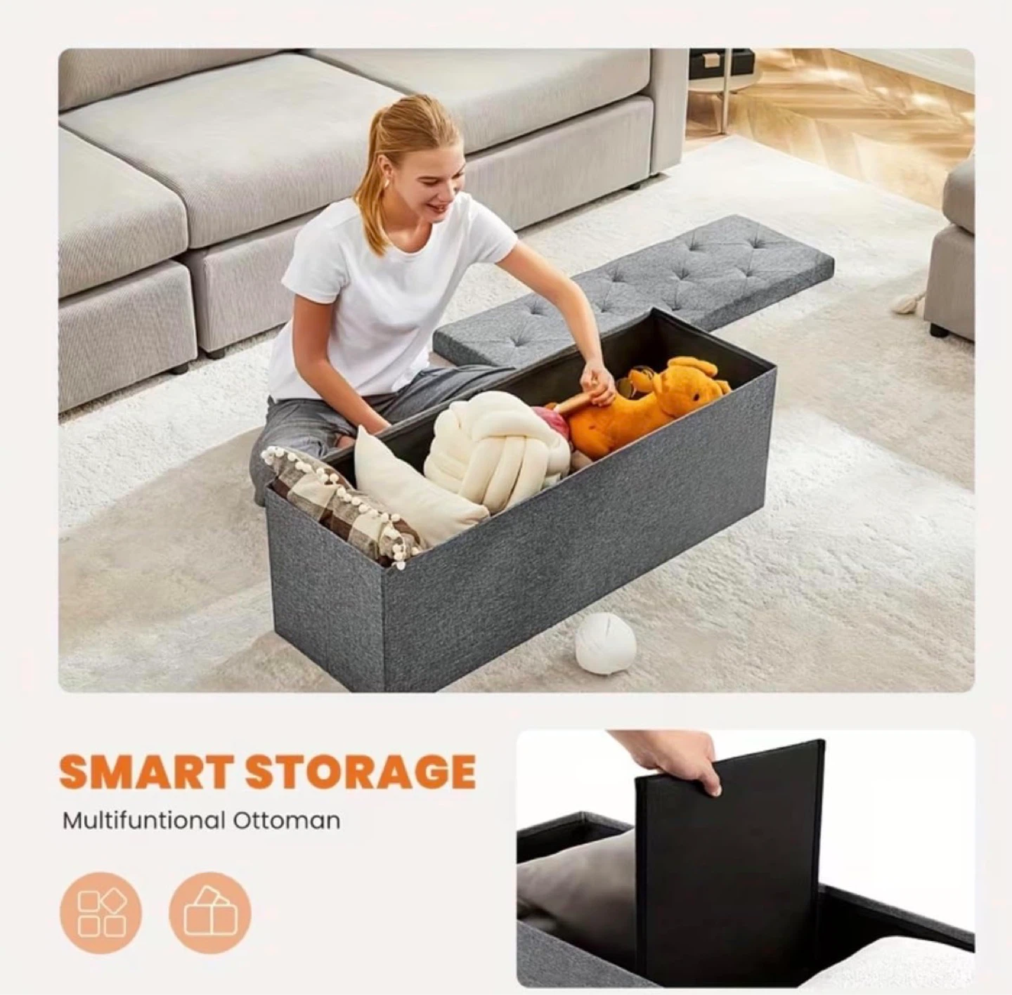 Grey Tufted Storage Ottoman Bench - photo 5