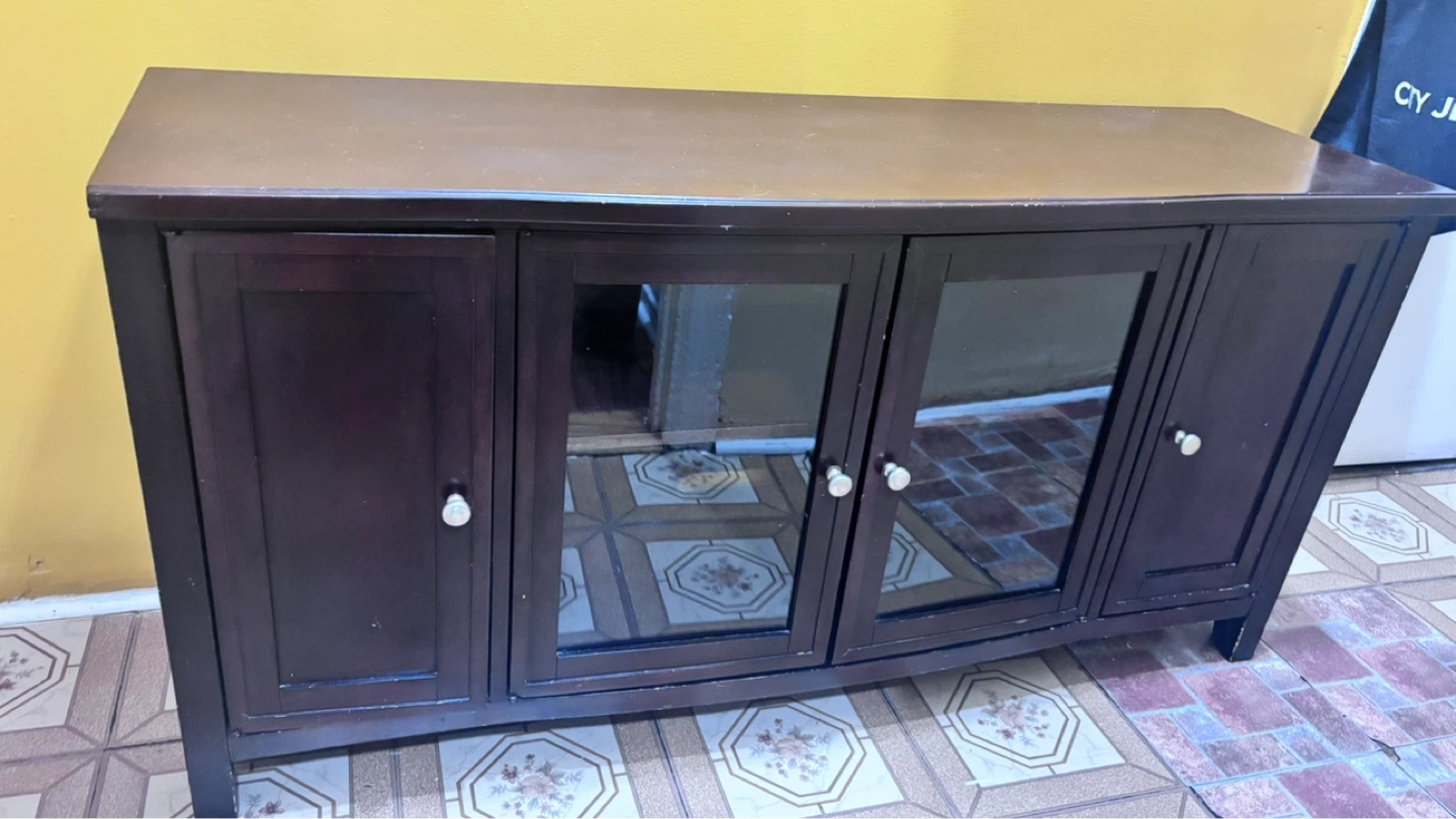 Dark Wood Media Console with Glass Doors
