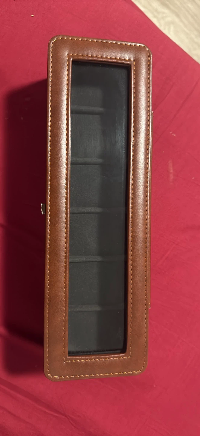 Brown Faux Leather Watch Box with Glass Lid